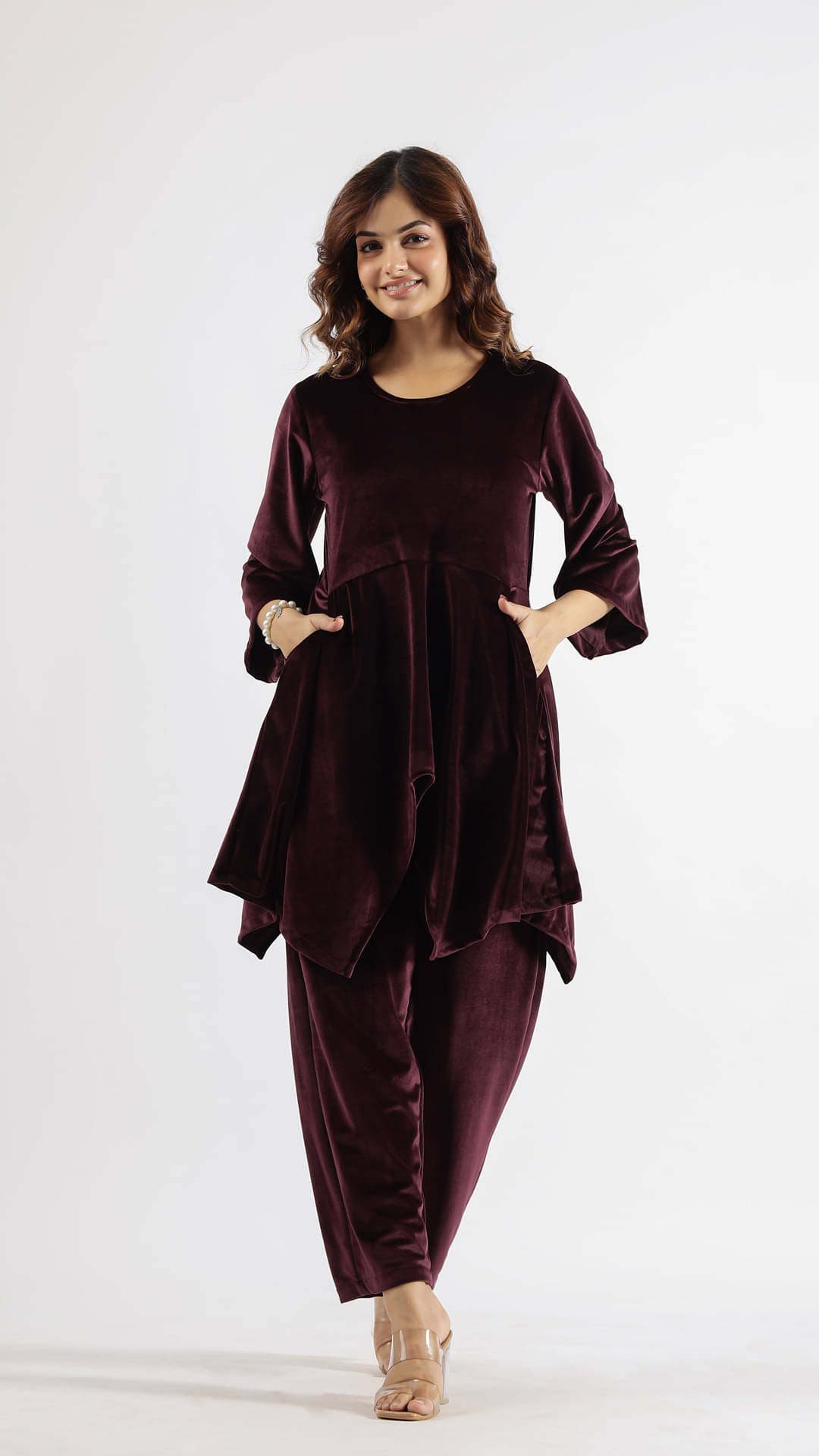    			Label Flavia Women Solid Top With Trousers Co-Ord Set ( Wine )