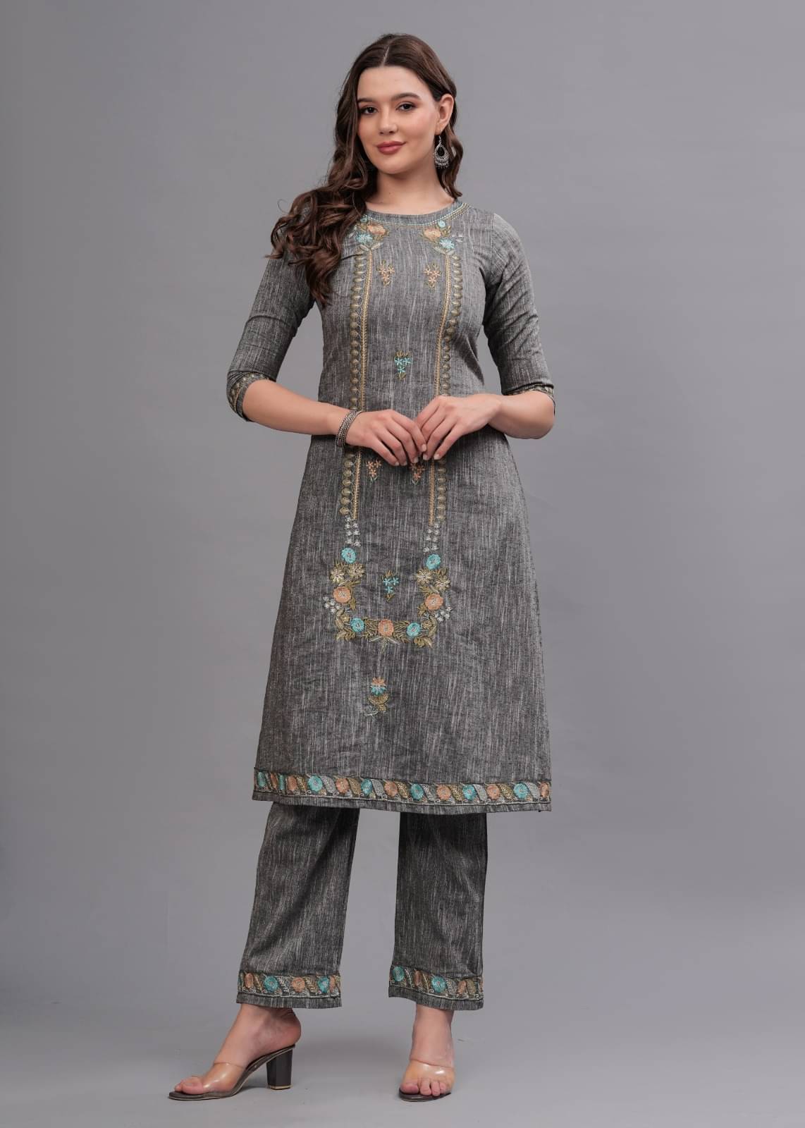     			MAUKA Cotton Embroidered Kurti With Palazzo Women's Stitched Salwar Suit - Grey ( Pack of 1 )