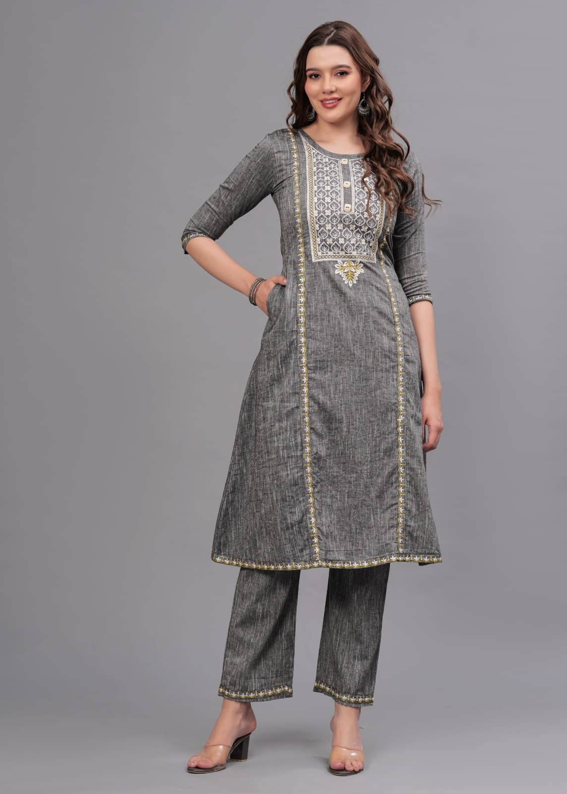 MAUKA Cotton Embroidered Kurti With Palazzo Women's Stitched Salwar Suit - Grey ( Pack of 1 )
