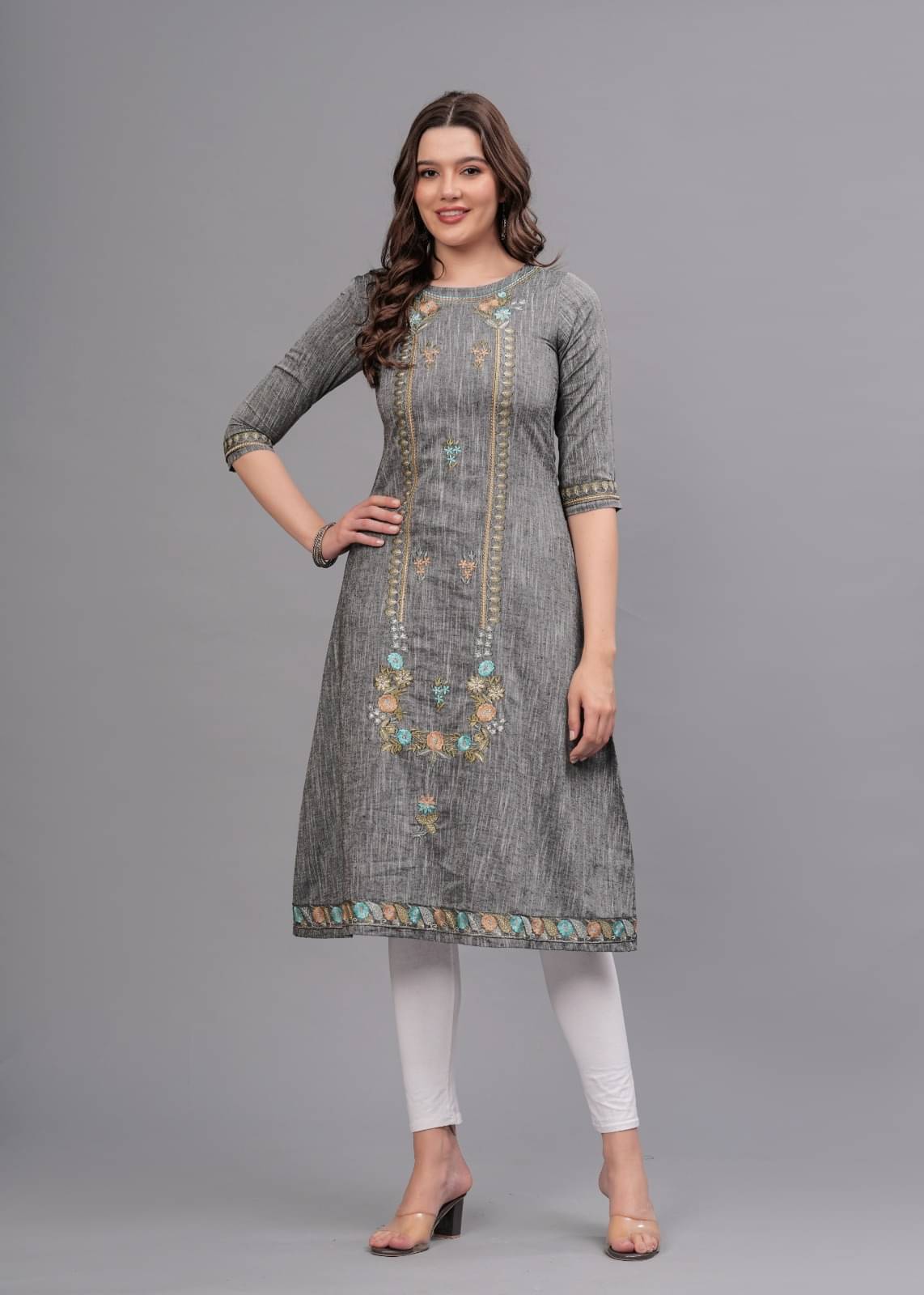 MAUKA Pack of 1 Cotton Embroidered A-line Women's Kurti - ( Grey ) MAUKA Pack of 1 Cotton Embroidered A-line Women's Kurti - ( Grey )