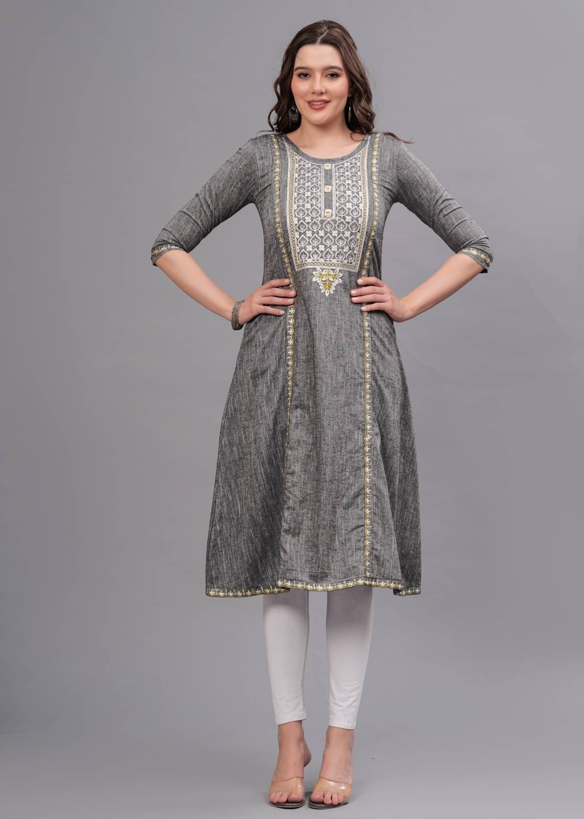 MAUKA Pack of 1 Cotton Embroidered A-line Women's Kurti - ( Grey ) MAUKA Pack of 1 Cotton Embroidered A-line Women's Kurti - ( Grey )