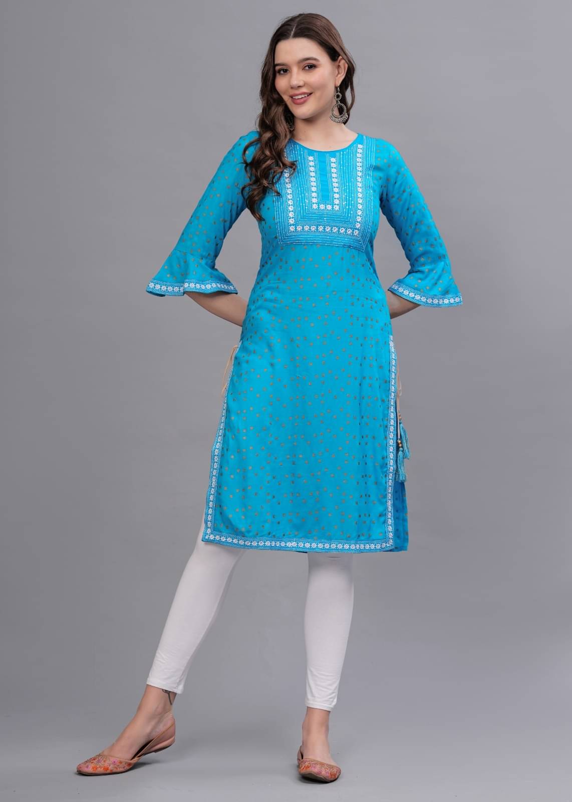     			MAUKA Pack of 1 Rayon Embellished Straight Women's Kurti - ( Blue )