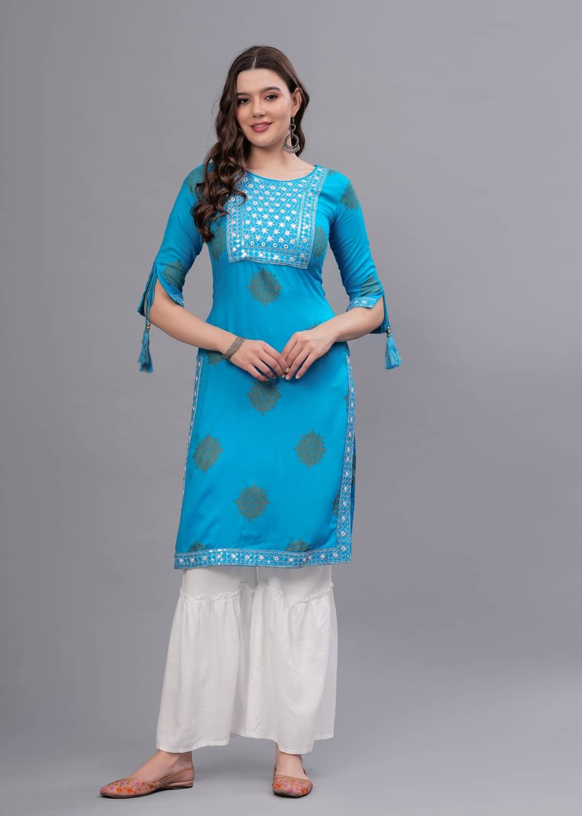 MAUKA Rayon Embellished Kurti With Sharara And Gharara Women's Stitched Salwar Suit - Blue ( Pack of 1 ) MAUKA Rayon Embellished Kurti With Sharara And Gharara Women's Stitched Salwar Suit - Blue ( Pack of 1 )
