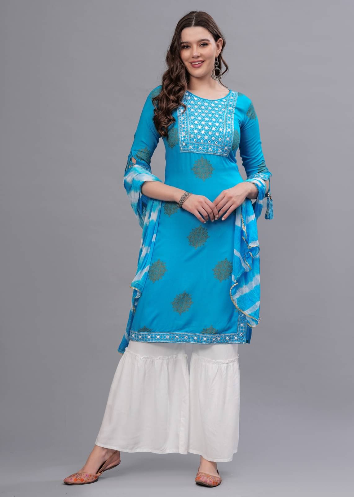     			MAUKA Rayon Embellished Kurti With Sharara And Gharara Women's Stitched Salwar Suit - Blue ( Pack of 1 )