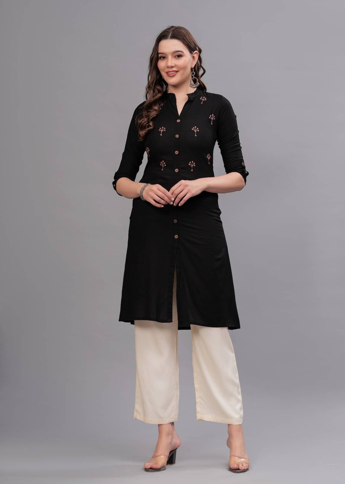 MAUKA Rayon Embellished Kurti With Palazzo Women's Stitched Salwar Suit - Black ( Pack of 1 )     			MAUKA Rayon Embellished Kurti With Palazzo Women's Stitched Salwar Suit - Black ( Pack of 1 )
