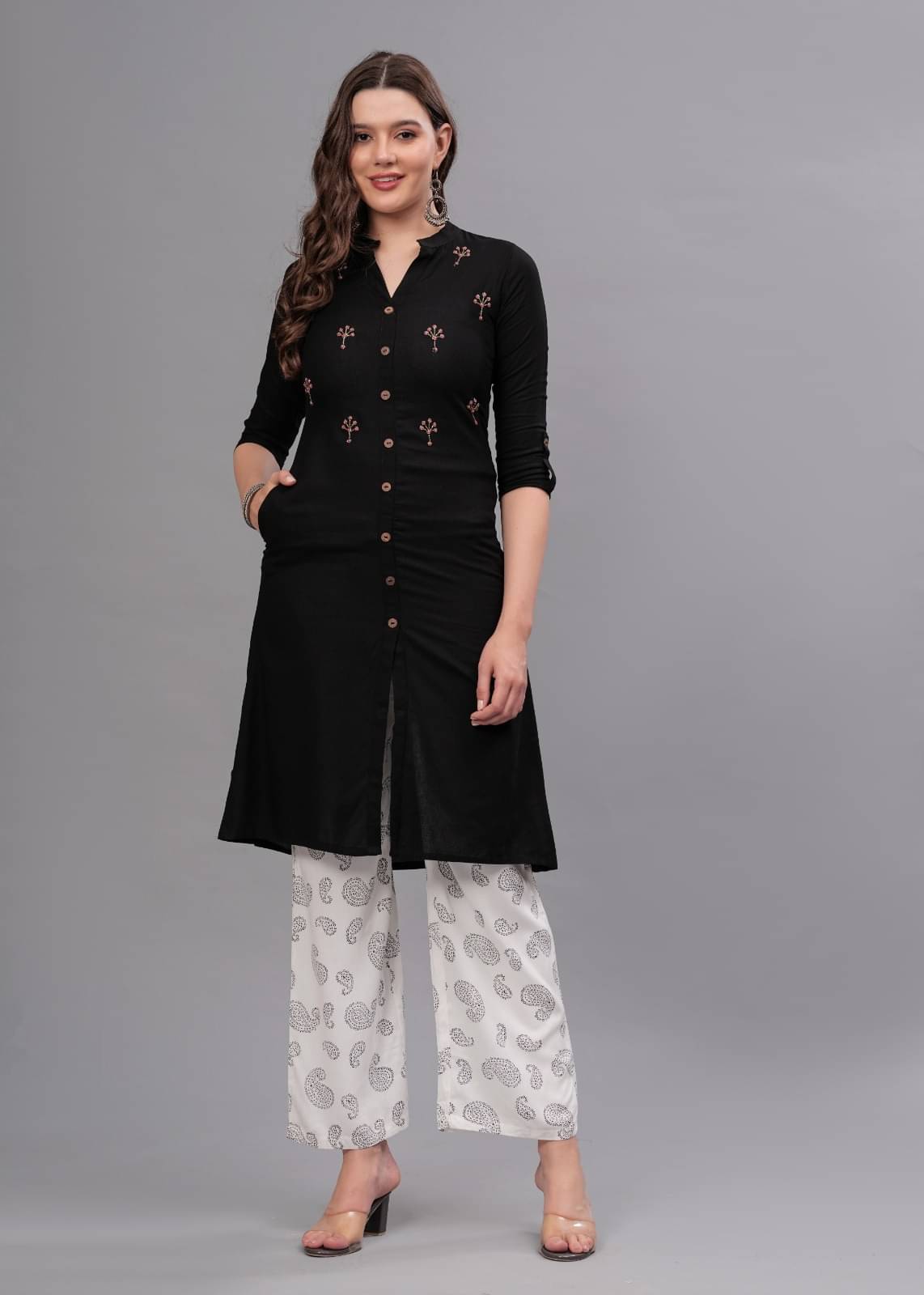 MAUKA Rayon Embellished Kurti With Palazzo Women's Stitched Salwar Suit - Black ( Pack of 1 ) MAUKA Rayon Embellished Kurti With Palazzo Women's Stitched Salwar Suit - Black ( Pack of 1 )