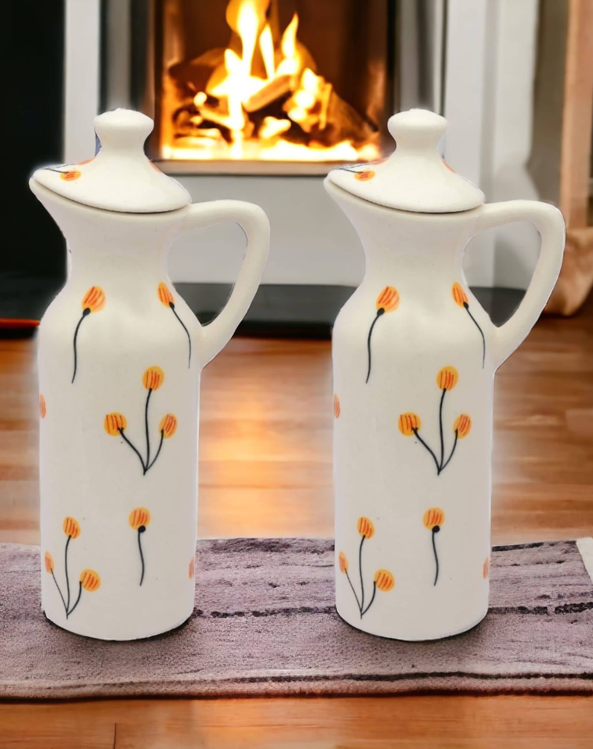 Malaikah Oil Dispenser Ceramic Off White Oil Container ( Set of 2 )