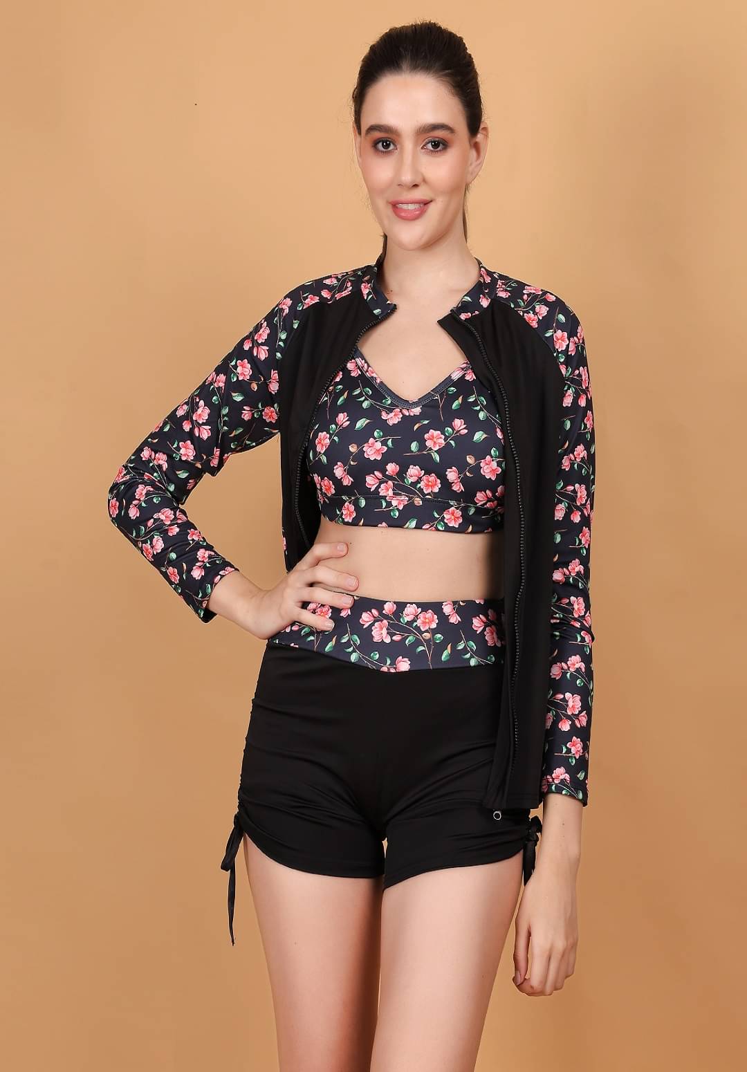     			N-Gal Polyester Black Two Piece Swimsuit with Skirt - Single