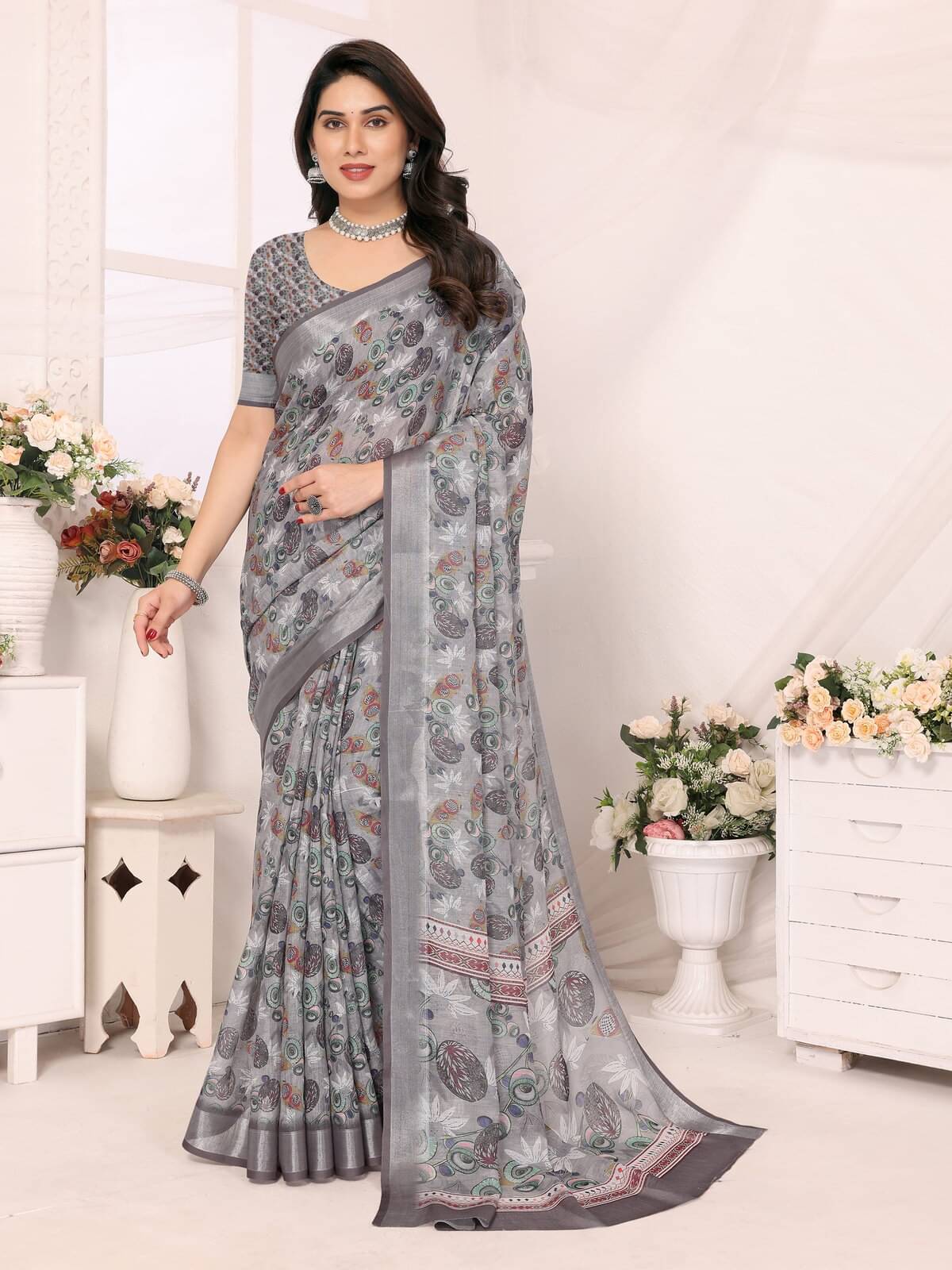    			NightBlue Linen Printed Saree With Unstitched Blouse Piece ( Grey )
