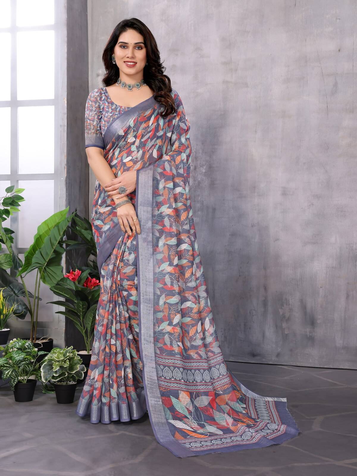     			NightBlue Linen Printed Saree With Unstitched Blouse Piece ( Blue )