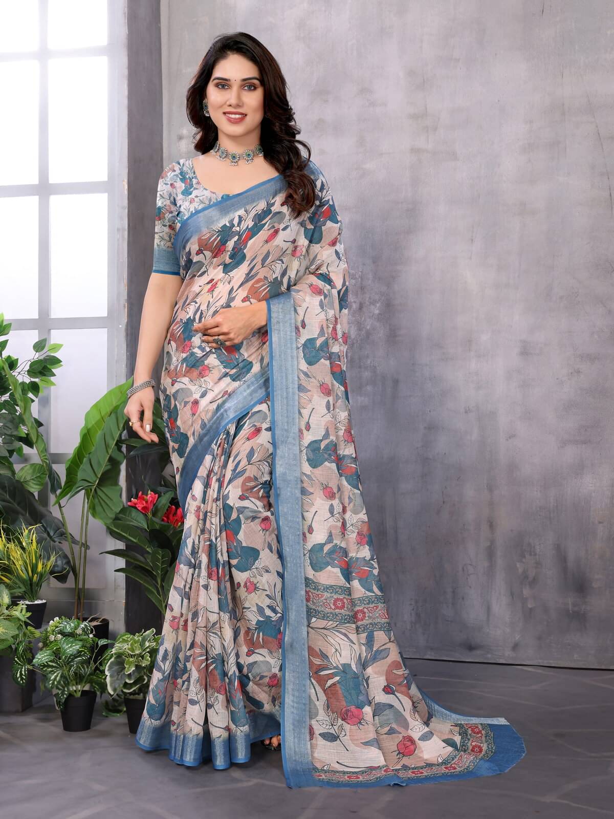 NightBlue Linen Printed Saree With Unstitched Blouse Piece ( Beige ) NightBlue Linen Printed Saree With Unstitched Blouse Piece ( Beige )