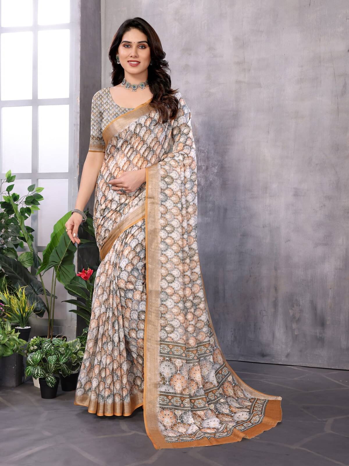 NightBlue Linen Printed Saree With Unstitched Blouse Piece ( Beige ) NightBlue Linen Printed Saree With Unstitched Blouse Piece ( Beige )