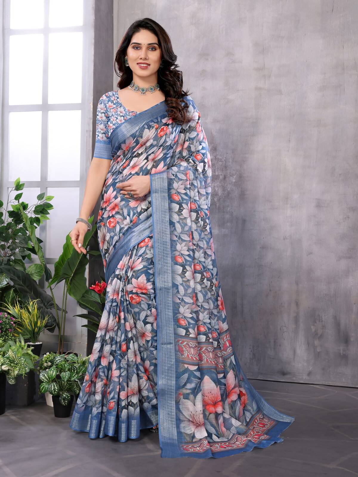 NightBlue Linen Printed Saree With Unstitched Blouse Piece ( Blue ) NightBlue Linen Printed Saree With Unstitched Blouse Piece ( Blue )