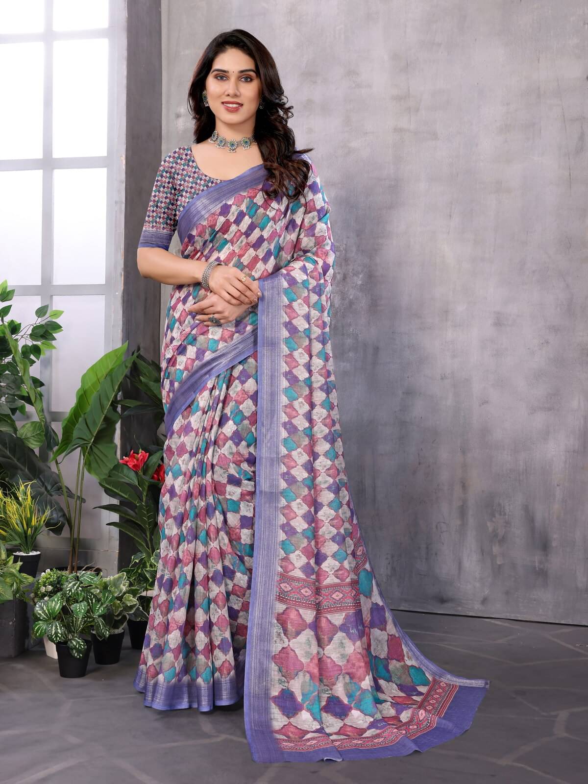 NightBlue Linen Printed Saree With Unstitched Blouse Piece ( Pink )     			NightBlue Linen Printed Saree With Unstitched Blouse Piece ( Pink )