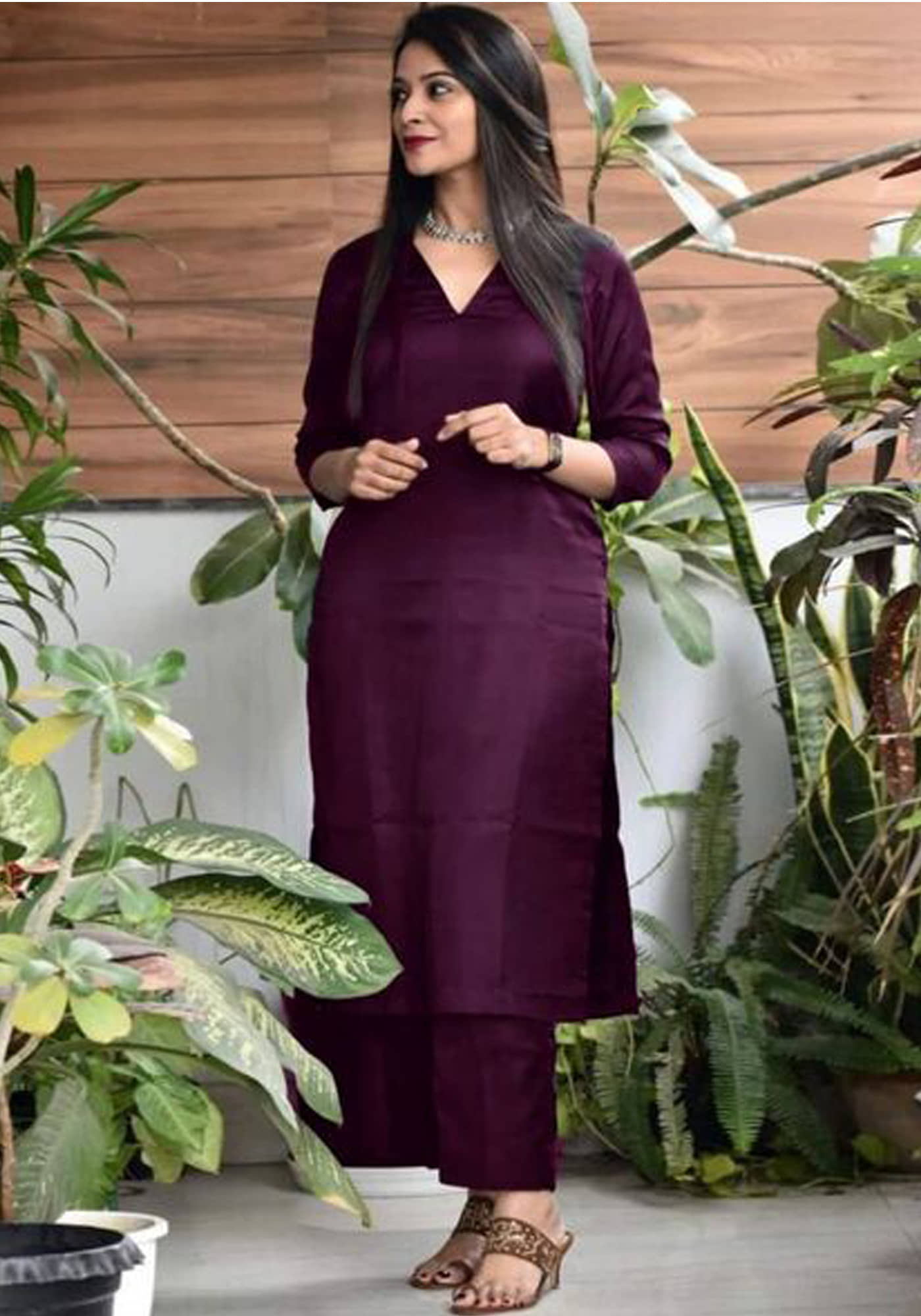 Nirja Fab Rayon Solid Kurti With Pants Women's Stitched Salwar Suit - Wine ( Pack of 1 )