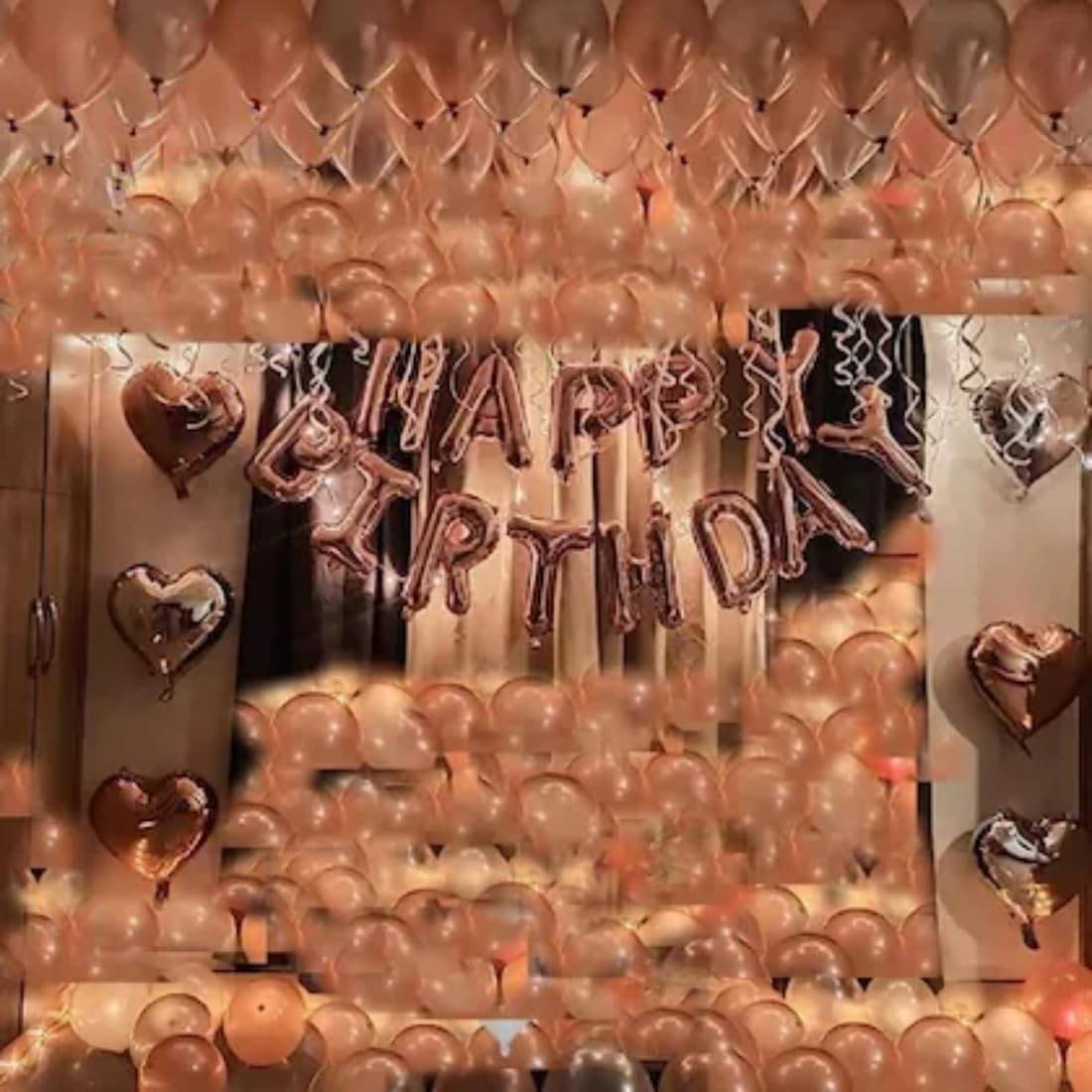 PartyBooms Happy Birthday RoseGold Foil Decoration Item, 6 Rosegold Heart Foil Balloons & 50 RoseGold Balloon (Pack Of 57) PartyBooms Happy Birthday RoseGold Foil Decoration Item, 6 Rosegold Heart Foil Balloons & 50 RoseGold Balloon (Pack Of 57)