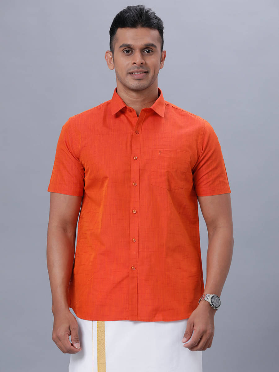 Ramraj cotton Cotton Blend Regular Fit Self Design Half Sleeves Men's Casual Shirt - Orange ( Pack of 1 )     			Ramraj cotton Cotton Blend Regular Fit Self Design Half Sleeves Men's Casual Shirt - Orange ( Pack of 1 )
