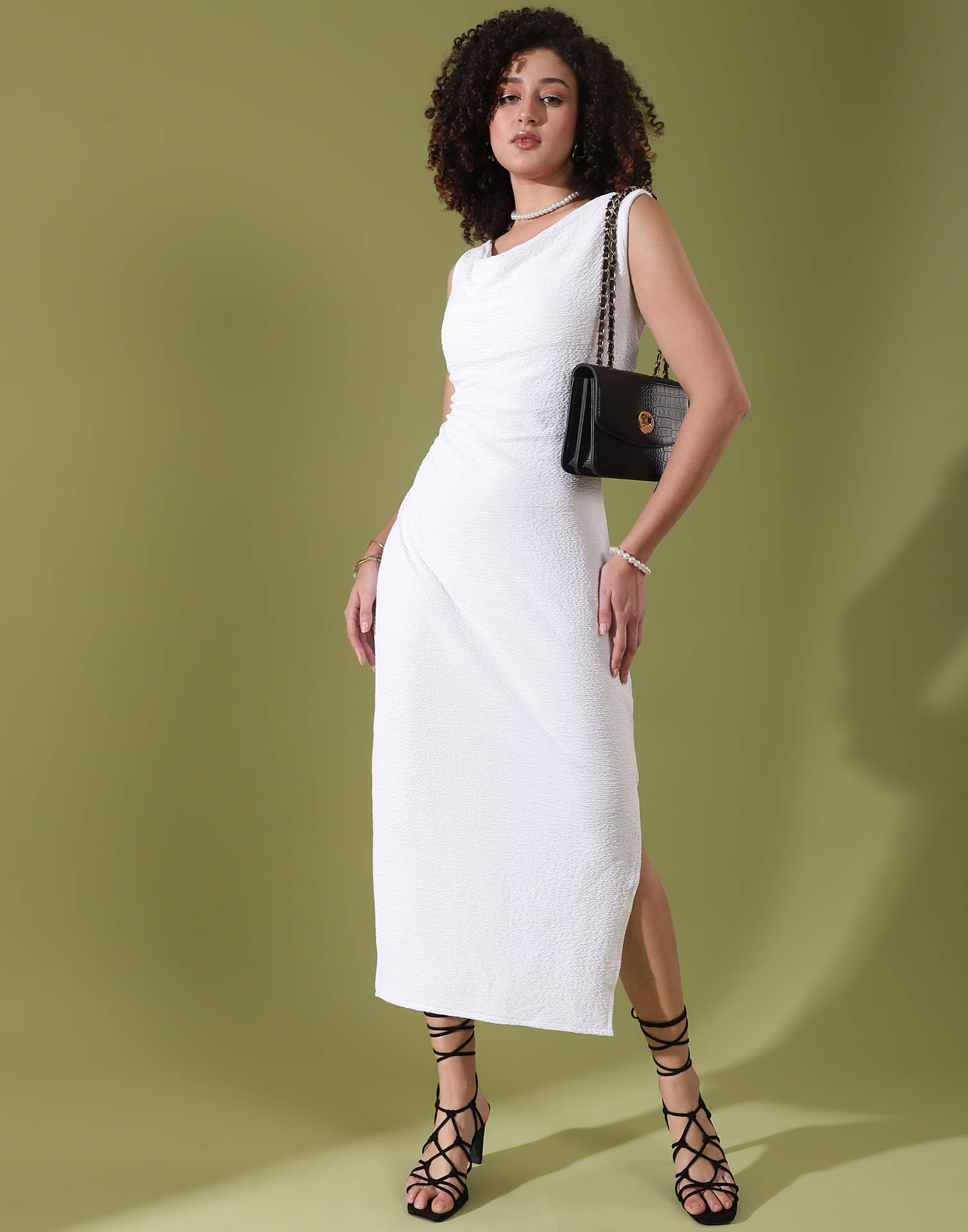 Selvia Women Lycra Self Design Side Slit Dress ( White ) Selvia Women Lycra Self Design Side Slit Dress ( White )