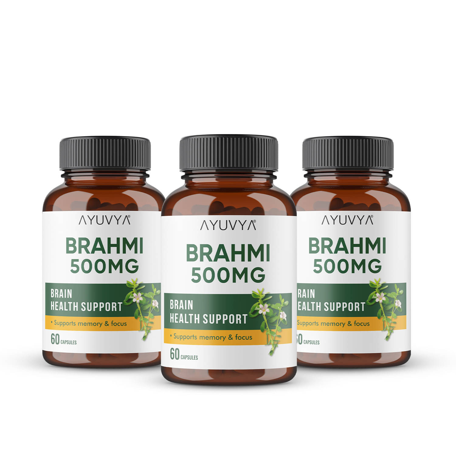     			Ayuvya Brahmi Capsules 500mg Pure Extract Memory Booster, Focus Enhancer, Stress Relief & Sleep Aid 120 Capsules (Pack of 3)