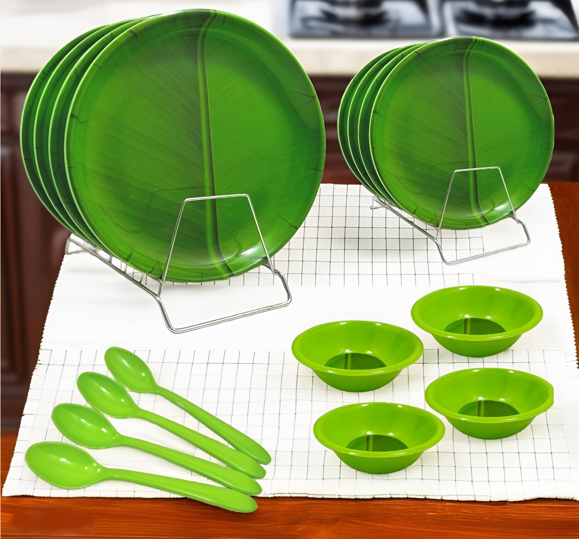     			kitchrox Banana Leaf Printed Melamine Dinner Set ( Pack of 16 ) Green
