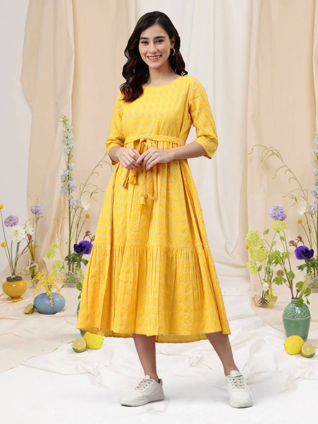     			rixry Women Cotton Printed Fit & Flare Dress ( Yellow )