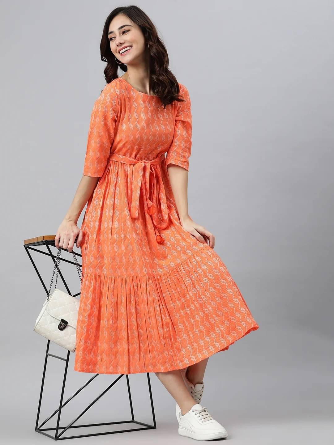     			rixry Women Cotton Printed Fit & Flare Dress ( Orange )