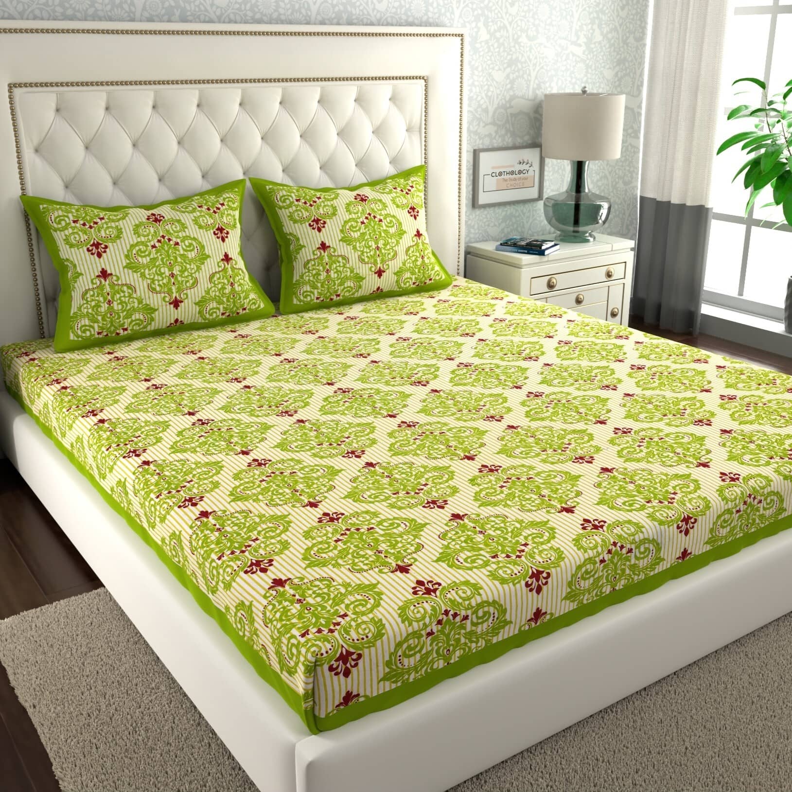 ABHACLOTHO Cotton 1 Double Bedsheet with 2 Pillow Covers ( Multicolor )