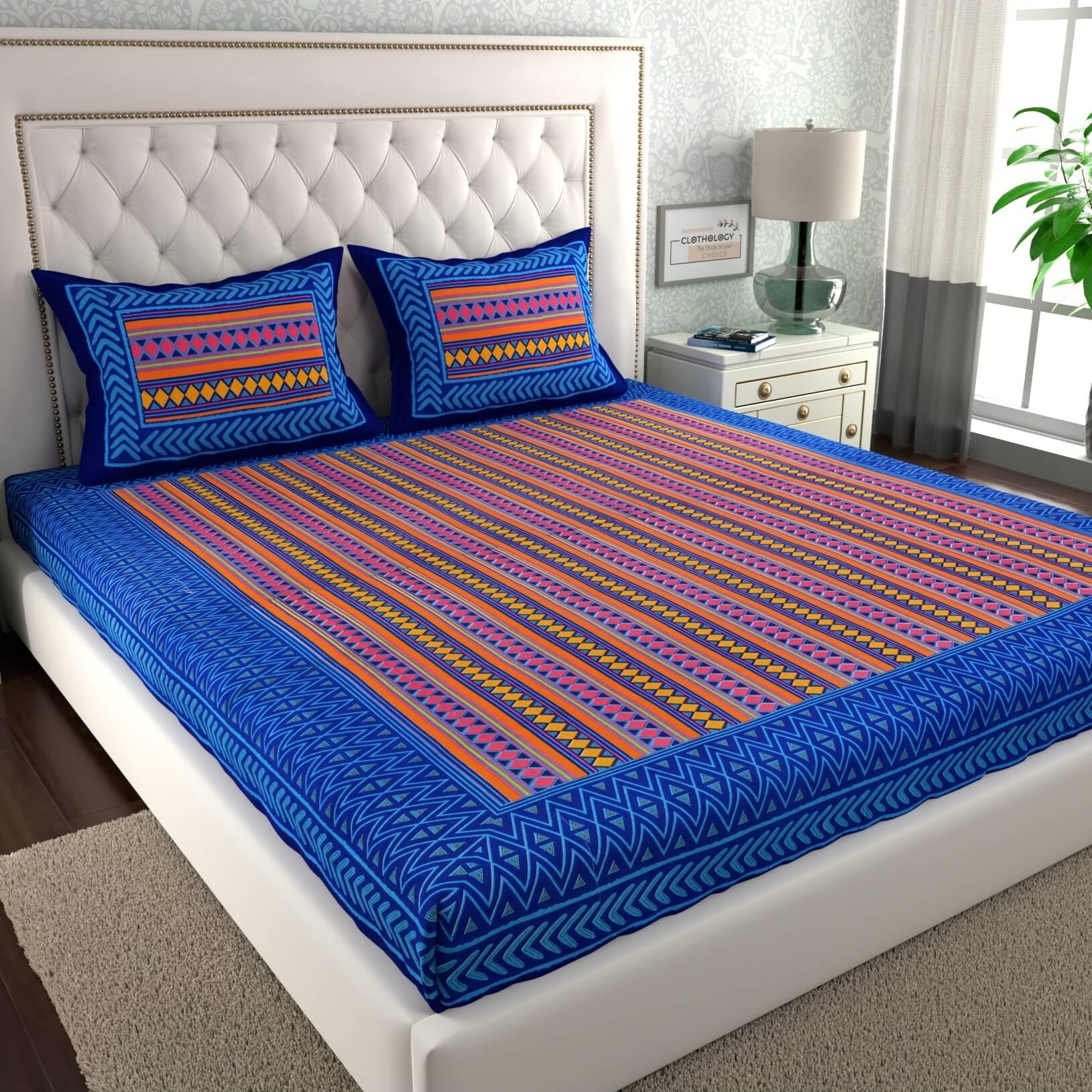     			ABHACLOTHO Cotton 1 Double Bedsheet with 2 Pillow Covers ( Multicolor )