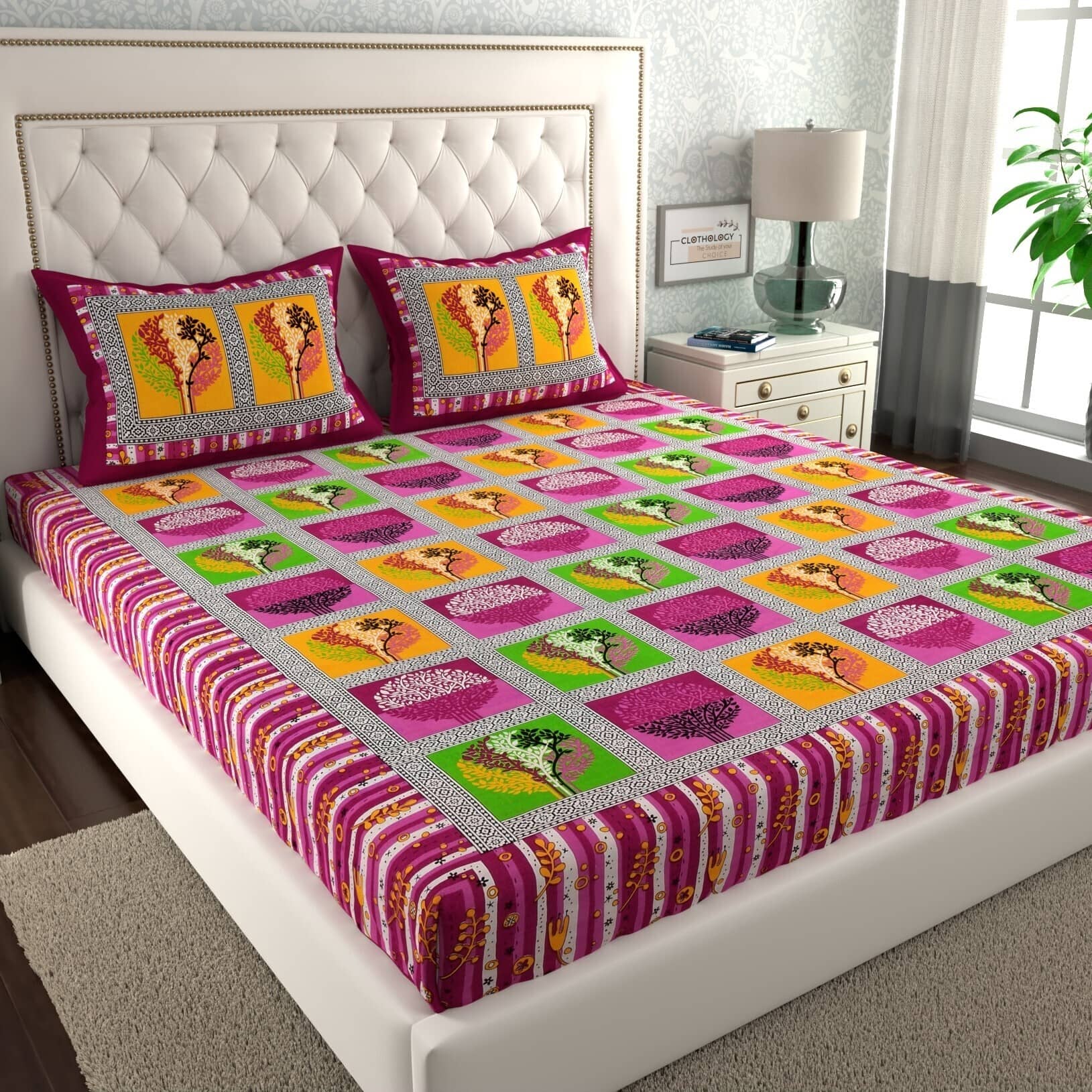 ABHACLOTHO Cotton 1 Double Bedsheet with 2 Pillow Covers ( Multicolor )