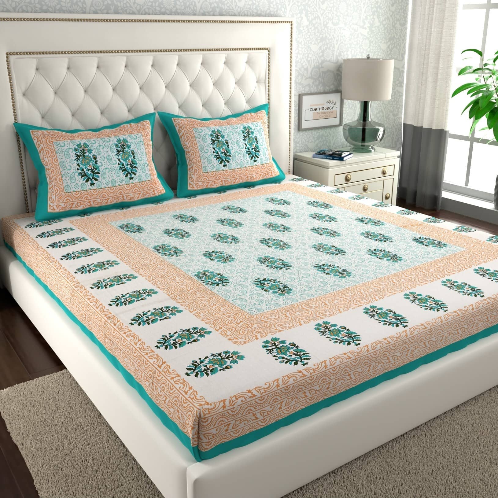 ABHACLOTHO Cotton 1 Double Bedsheet with 2 Pillow Covers ( Multicolor )
