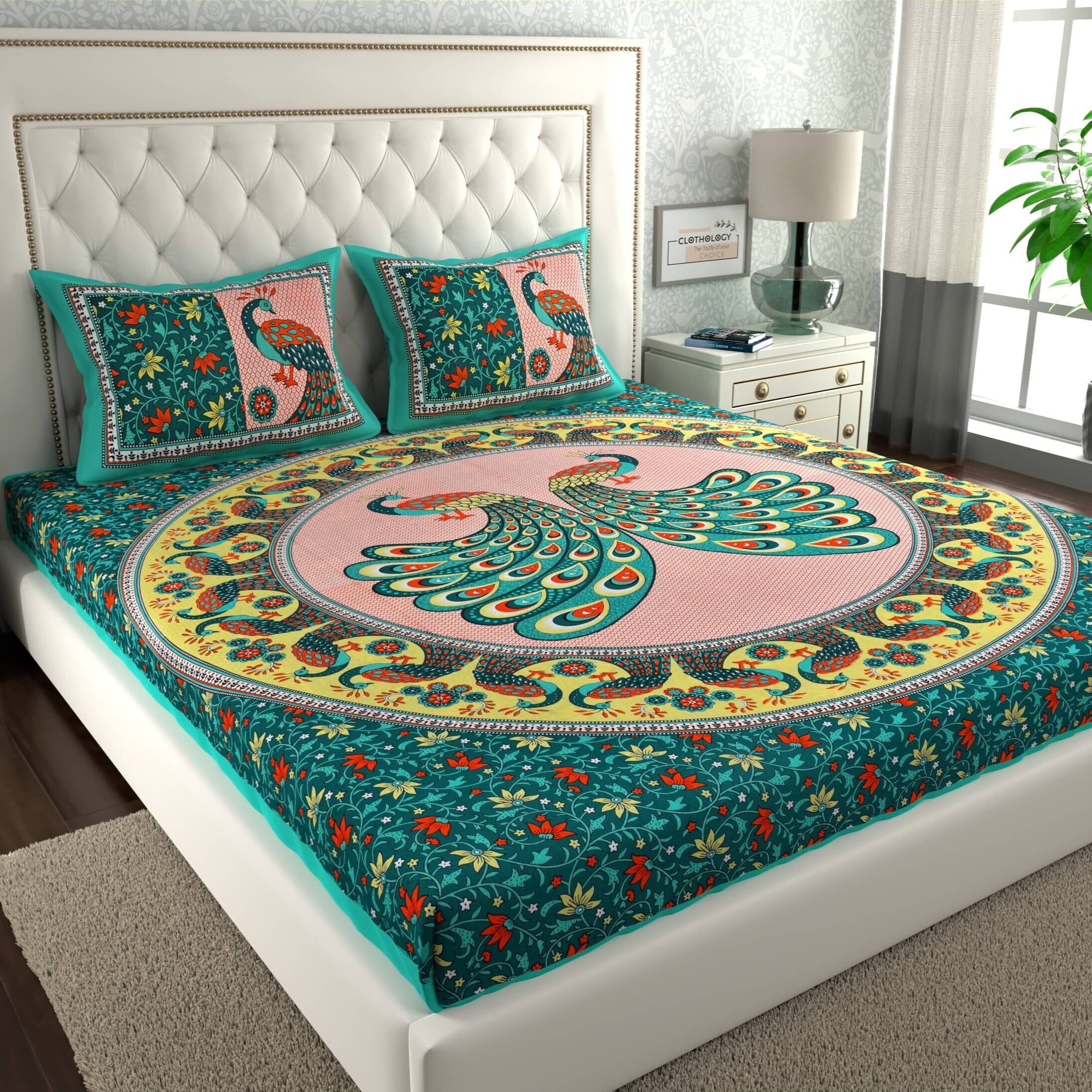 ABHACLOTHO Cotton 1 Double Bedsheet with 2 Pillow Covers ( Multicolor )