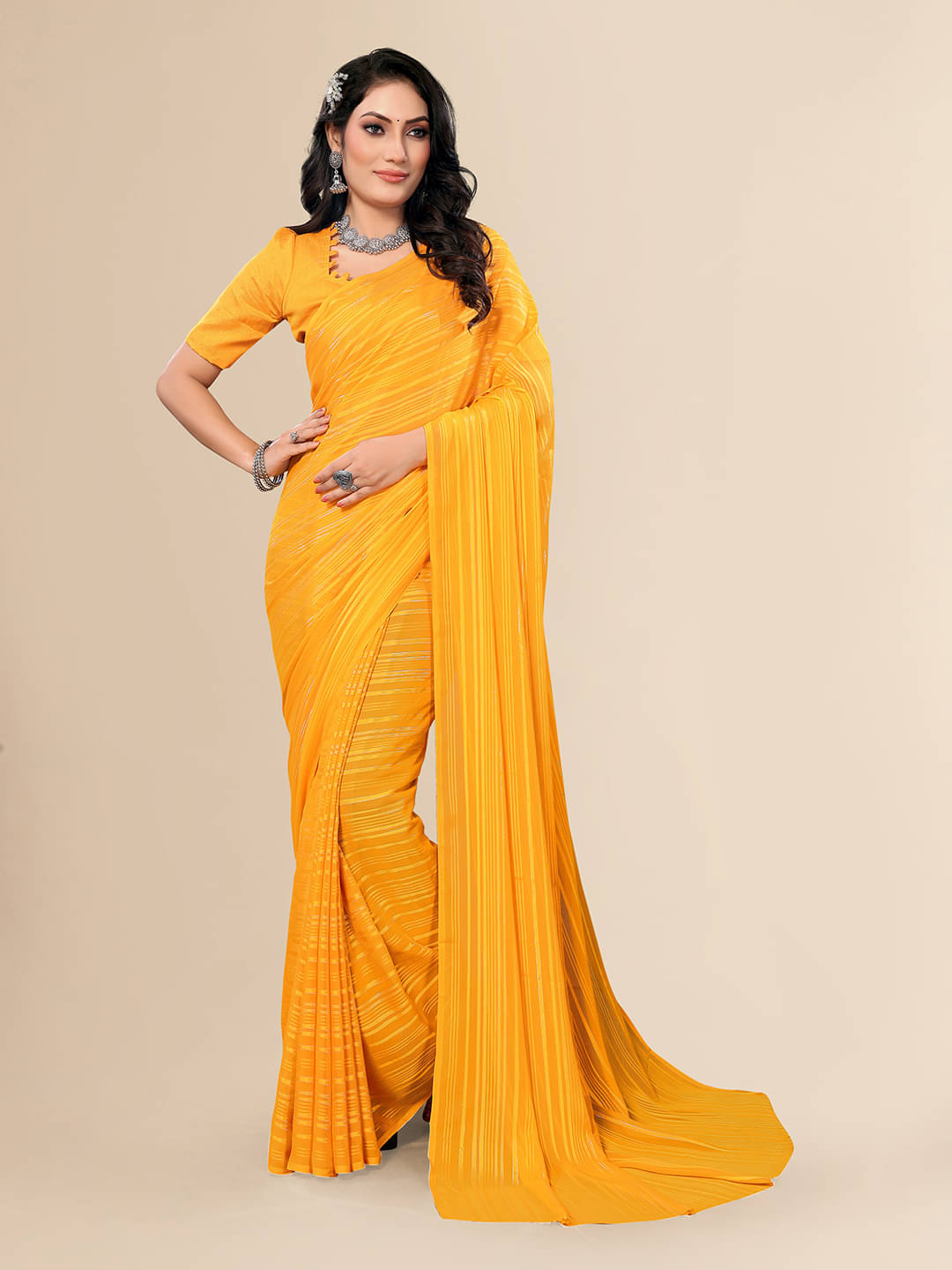 ANAND SAREES Satin Striped Saree With Unstitched Blouse Piece ( Yellow ) ANAND SAREES Satin Striped Saree With Unstitched Blouse Piece ( Yellow )