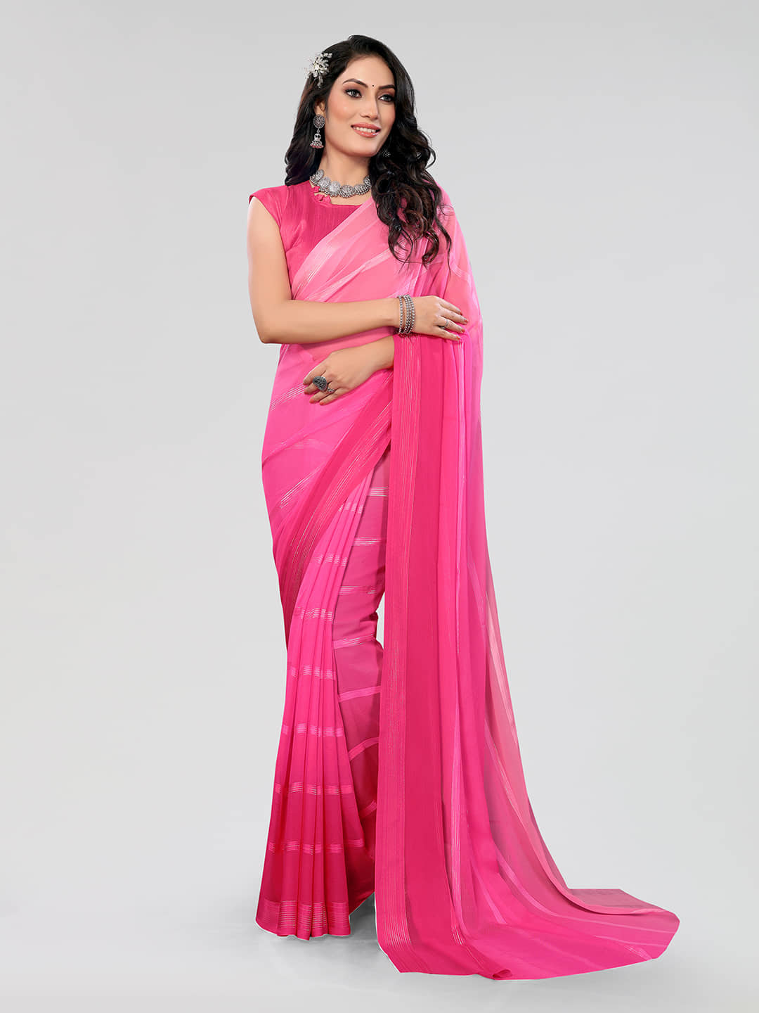 ANAND SAREES Georgette Striped Saree With Unstitched Blouse Piece ( Pink ) - Sarees | Buy online on ZillyBuy
