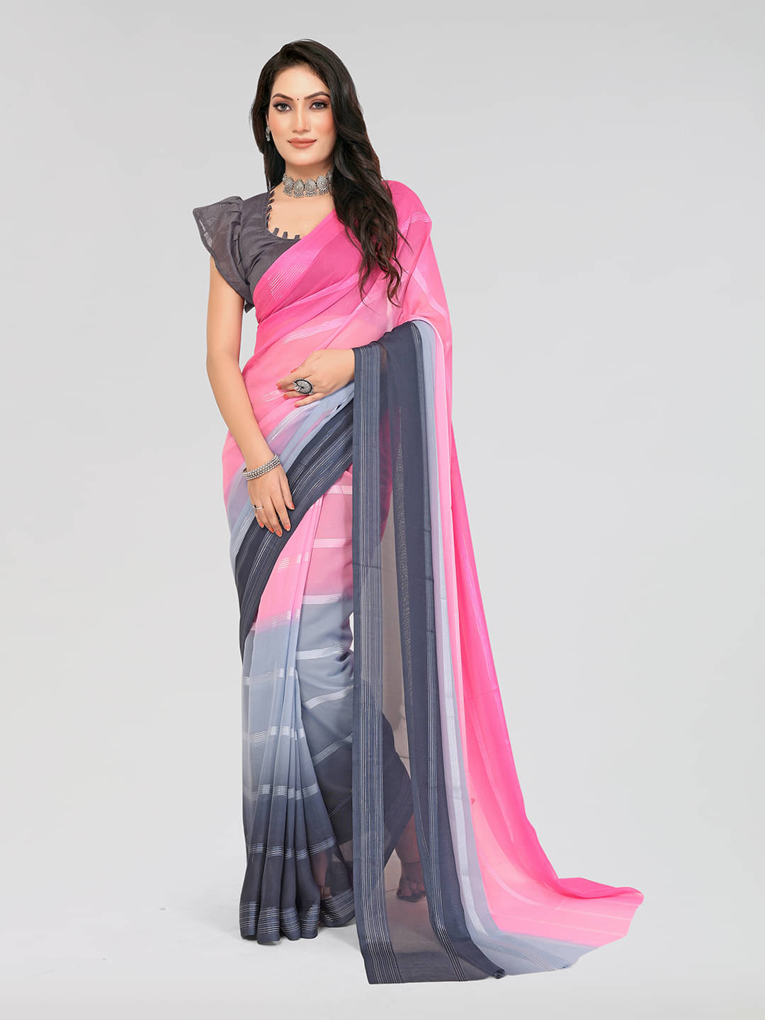 ANAND SAREES Georgette Dyed Saree With Unstitched Blouse Piece ( Grey ) ANAND SAREES Georgette Dyed Saree With Unstitched Blouse Piece ( Grey )