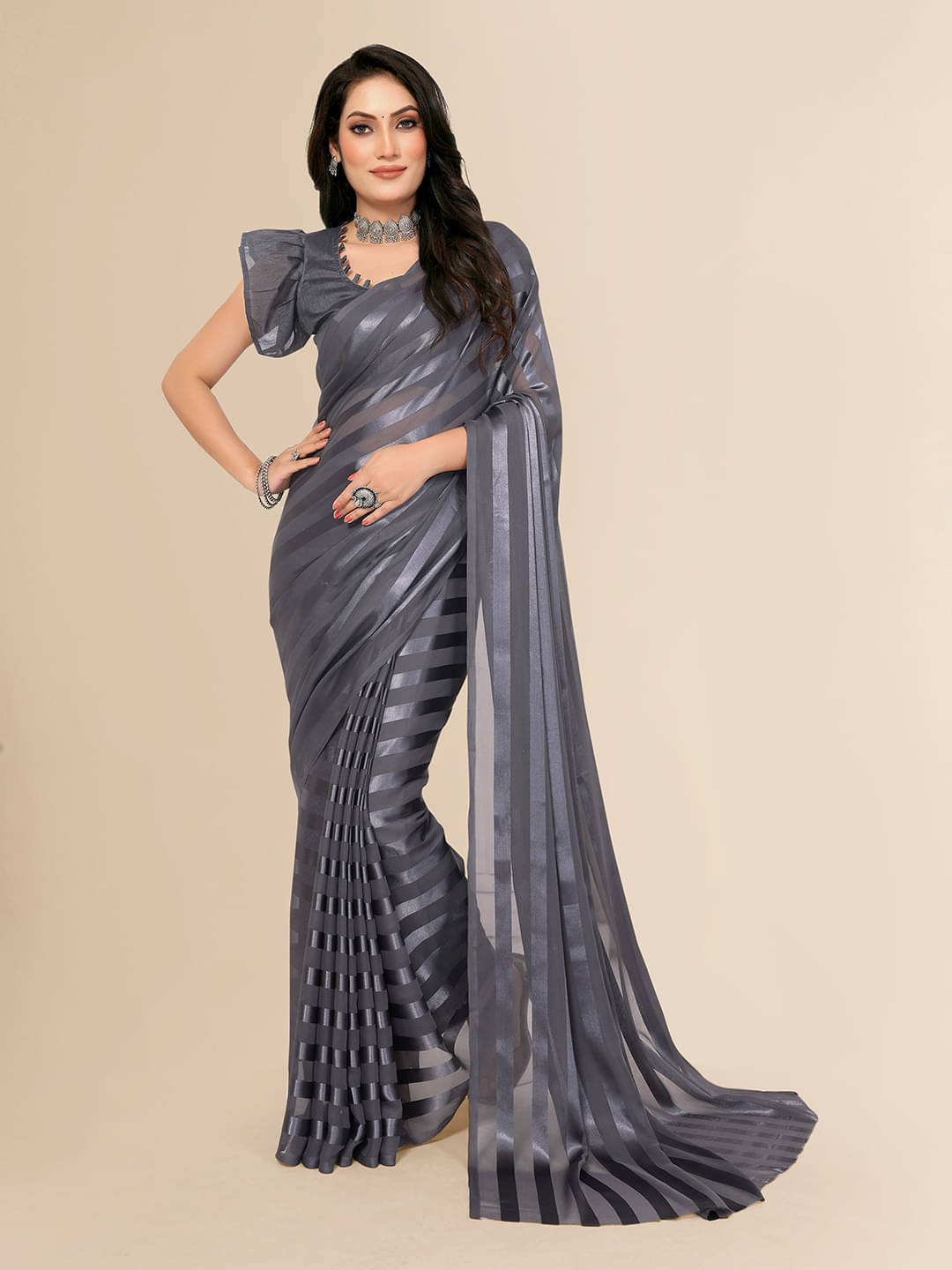 ANAND SAREES Satin Striped Saree With Unstitched Blouse Piece ( Grey ) ANAND SAREES Satin Striped Saree With Unstitched Blouse Piece ( Grey )