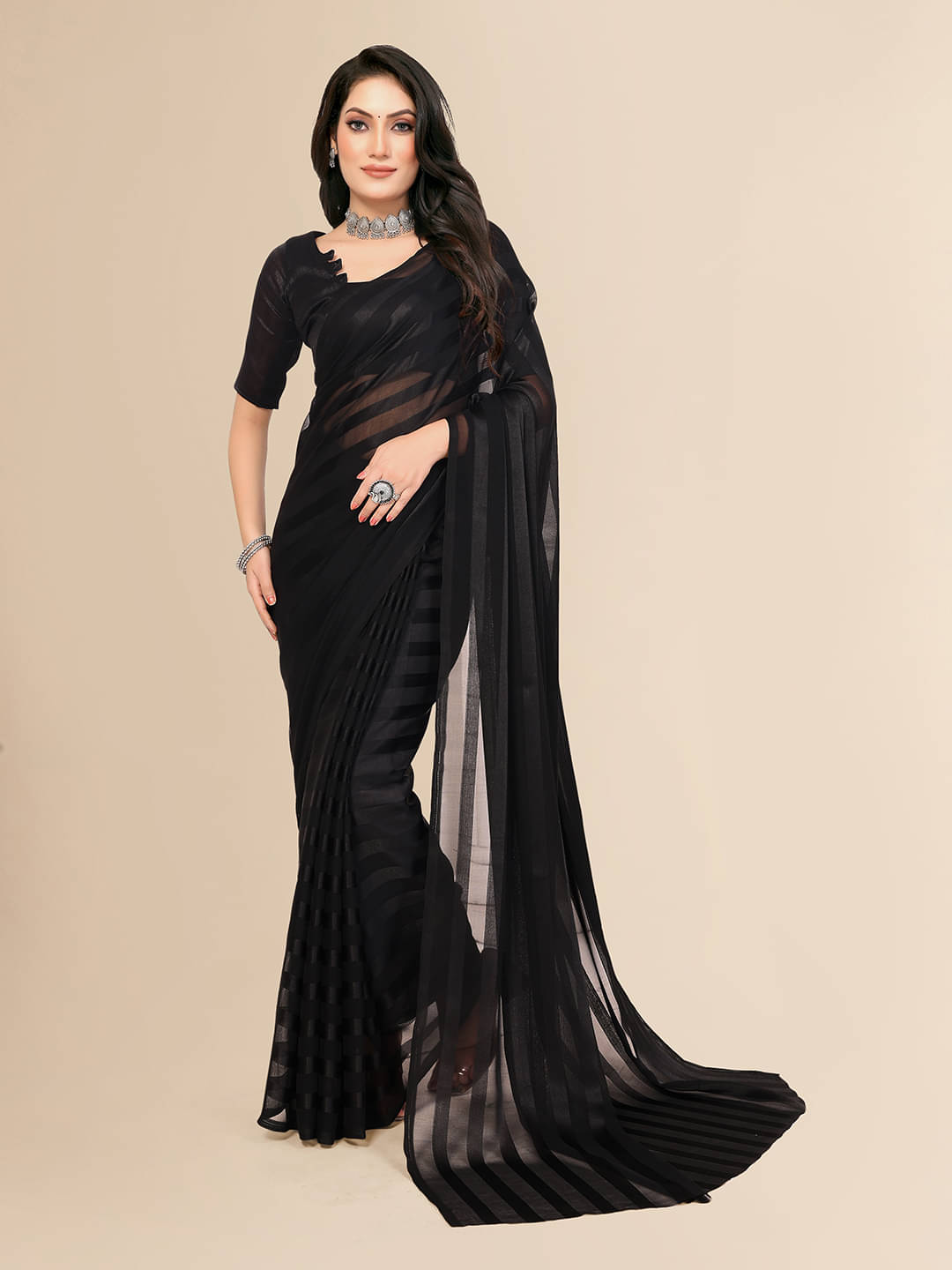     			ANAND SAREES Satin Striped Saree With Unstitched Blouse Piece ( Black )