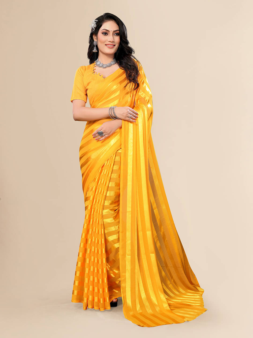 ANAND SAREES Satin Striped Saree With Unstitched Blouse Piece ( Yellow ) ANAND SAREES Satin Striped Saree With Unstitched Blouse Piece ( Yellow )