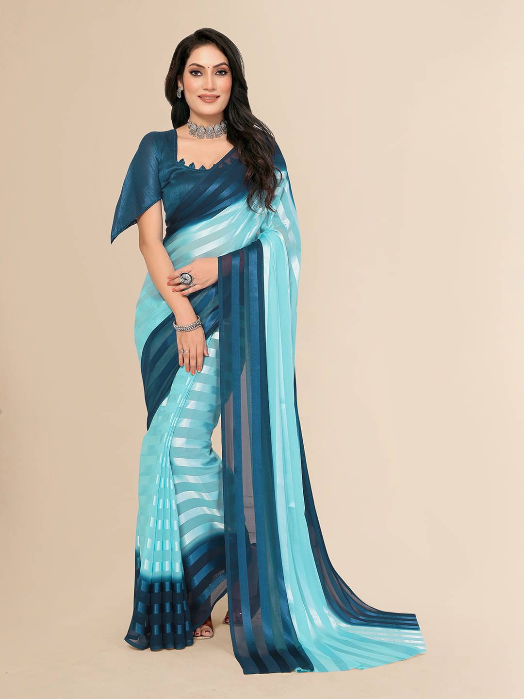     			ANAND SAREES Satin Striped Saree With Unstitched Blouse Piece ( Blue )