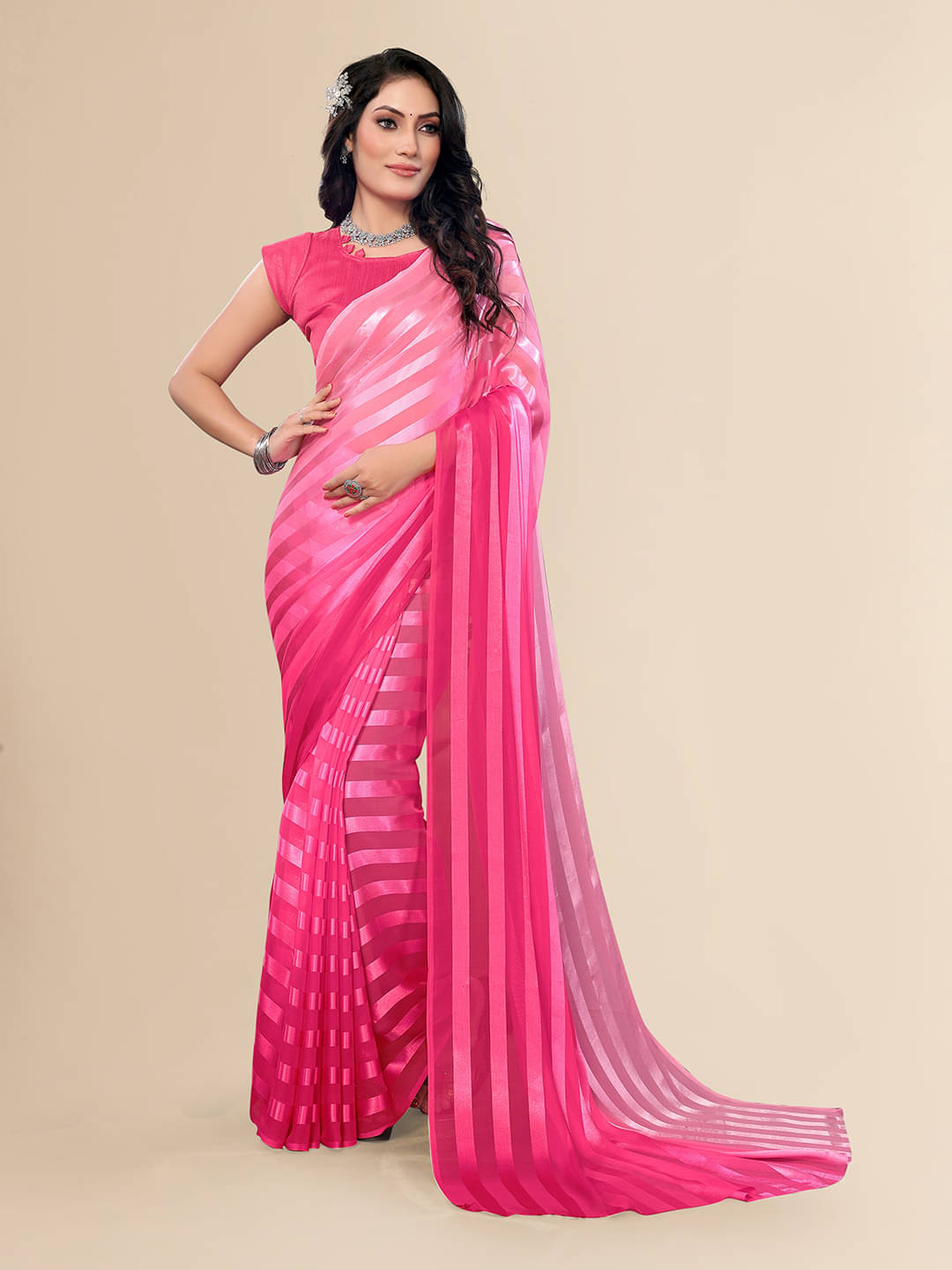 ANAND SAREES Satin Striped Saree With Unstitched Blouse Piece ( Pink ) ANAND SAREES Satin Striped Saree With Unstitched Blouse Piece ( Pink )