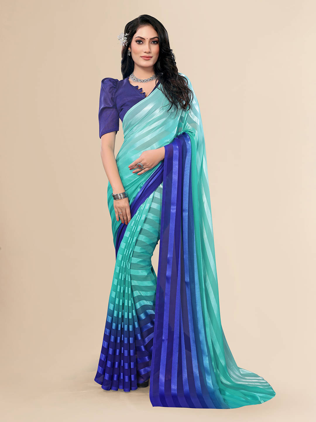     			ANAND SAREES Satin Striped Saree With Unstitched Blouse Piece ( Blue )