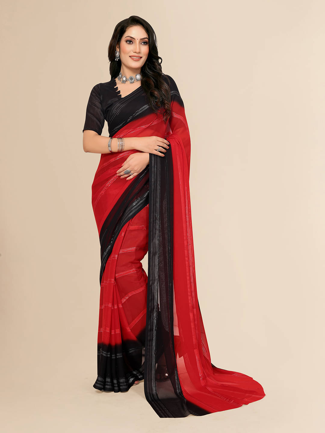     			ANAND SAREES Satin Striped Saree With Unstitched Blouse Piece ( Red )