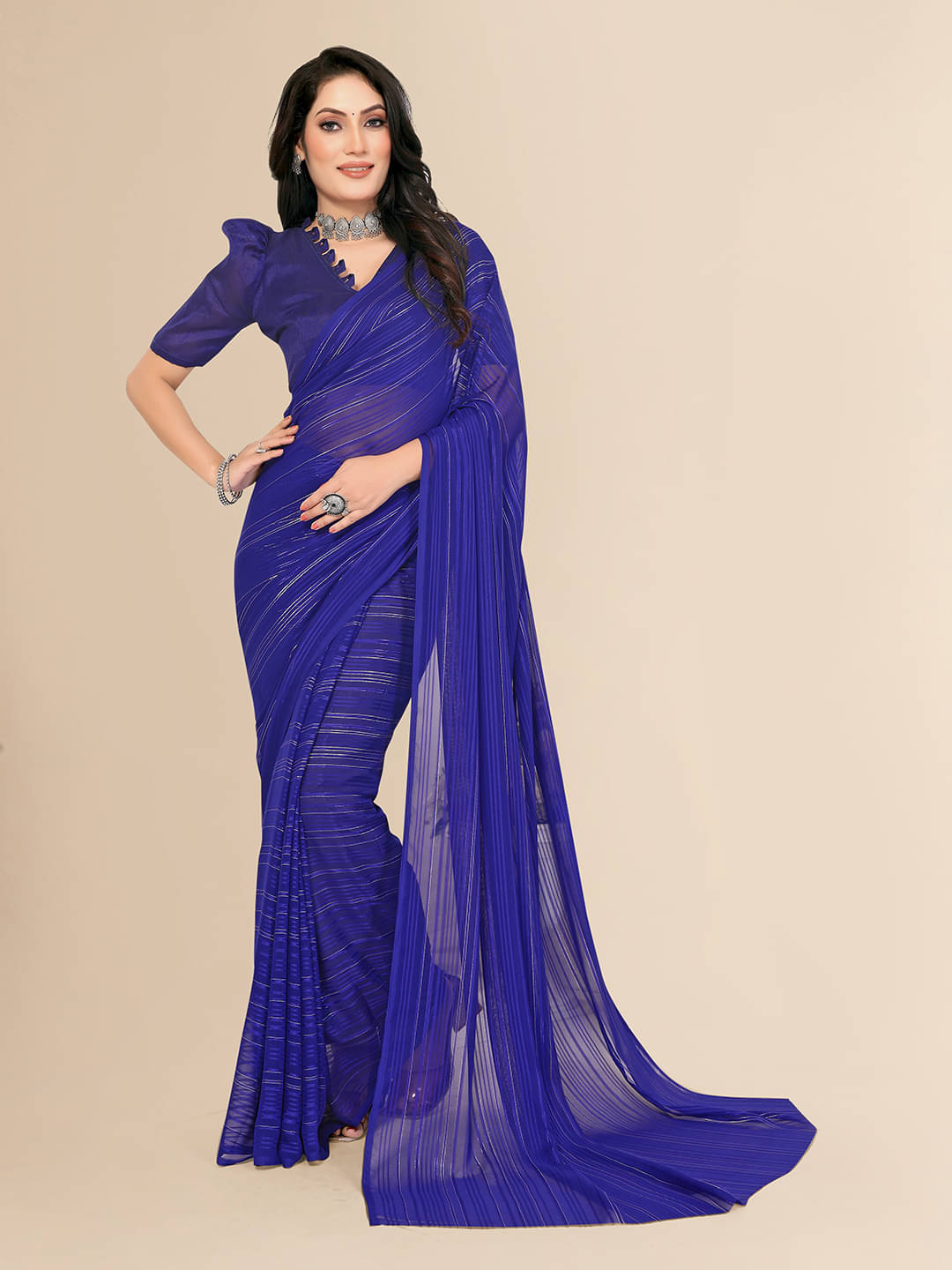     			ANAND SAREES Satin Striped Saree With Unstitched Blouse Piece ( Blue )