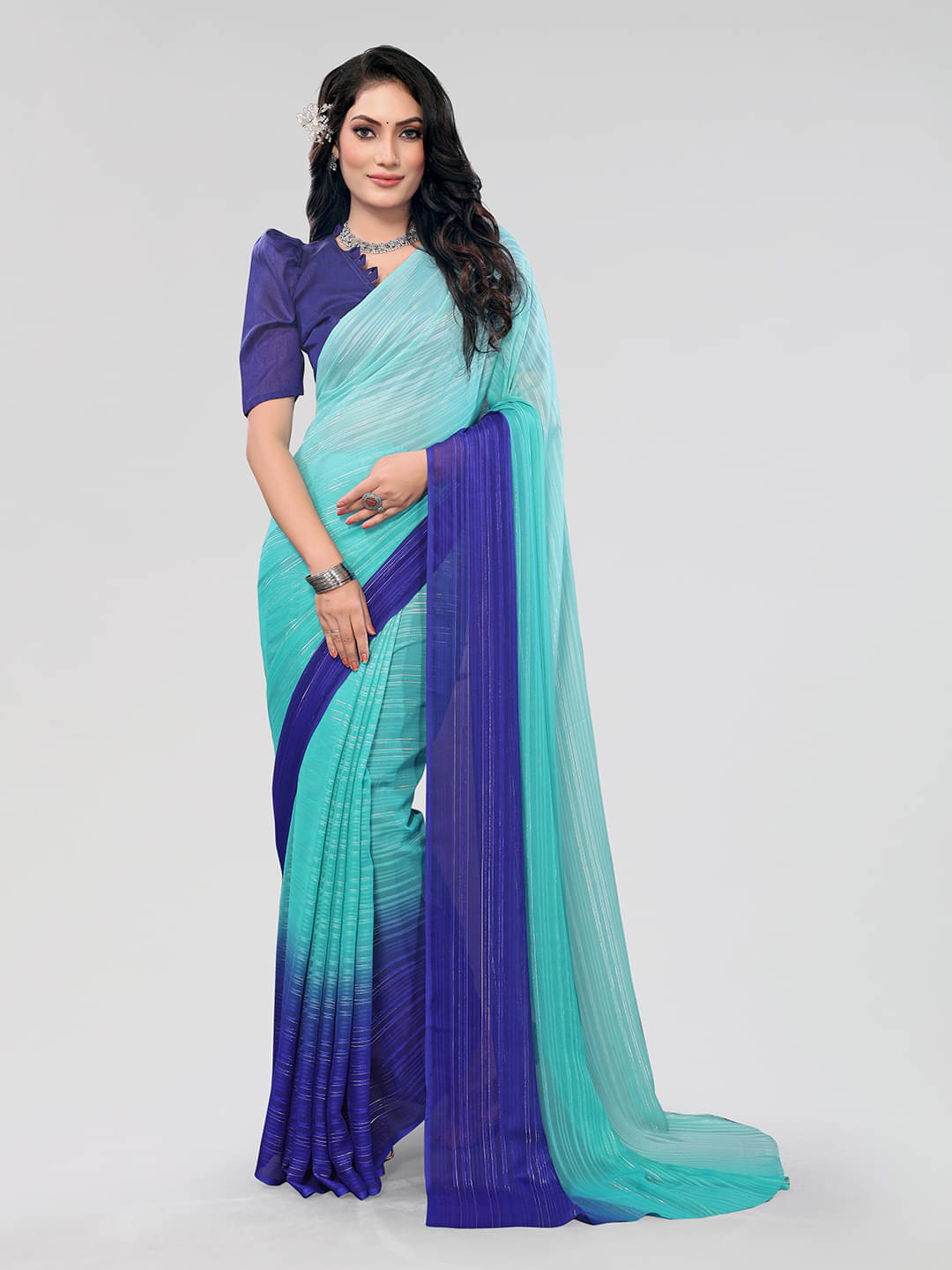 ANAND SAREES Georgette Dyed Saree With Unstitched Blouse Piece ( Blue )     			ANAND SAREES Georgette Dyed Saree With Unstitched Blouse Piece ( Blue )