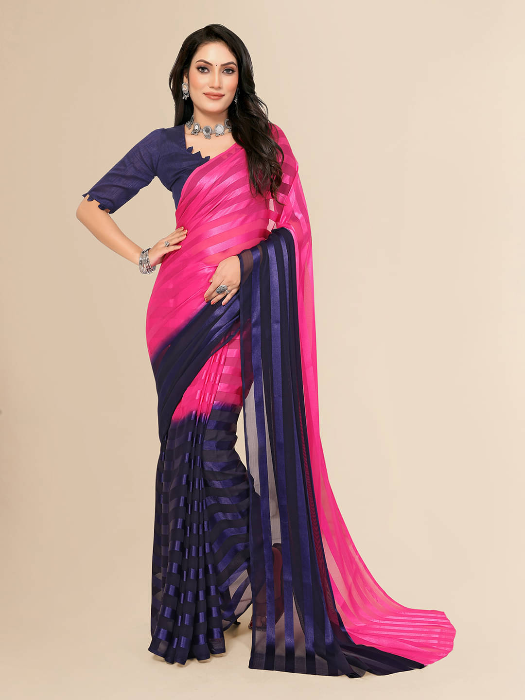 ANAND SAREES Satin Striped Saree With Unstitched Blouse Piece ( Pink ) ANAND SAREES Satin Striped Saree With Unstitched Blouse Piece ( Pink )