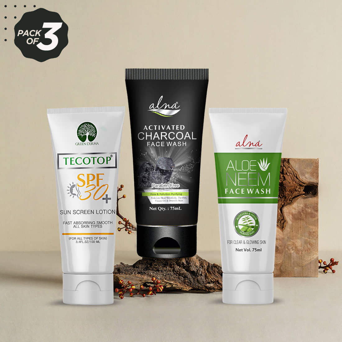 Alna Tecotop SPF 30+ 100ml with Charcoal Face Wash & Neem Face Wash 75ml Each , Pack of 3