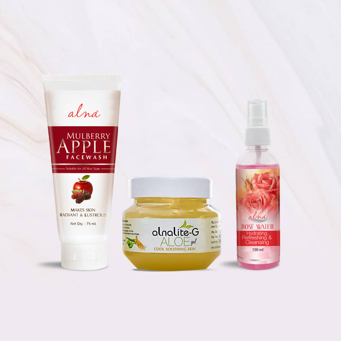     			Alna Mulberry Apple Face Wash 75ml with Alnalite-G Aloe Gel 100gm & Rose Water 100ml , Pack of 3