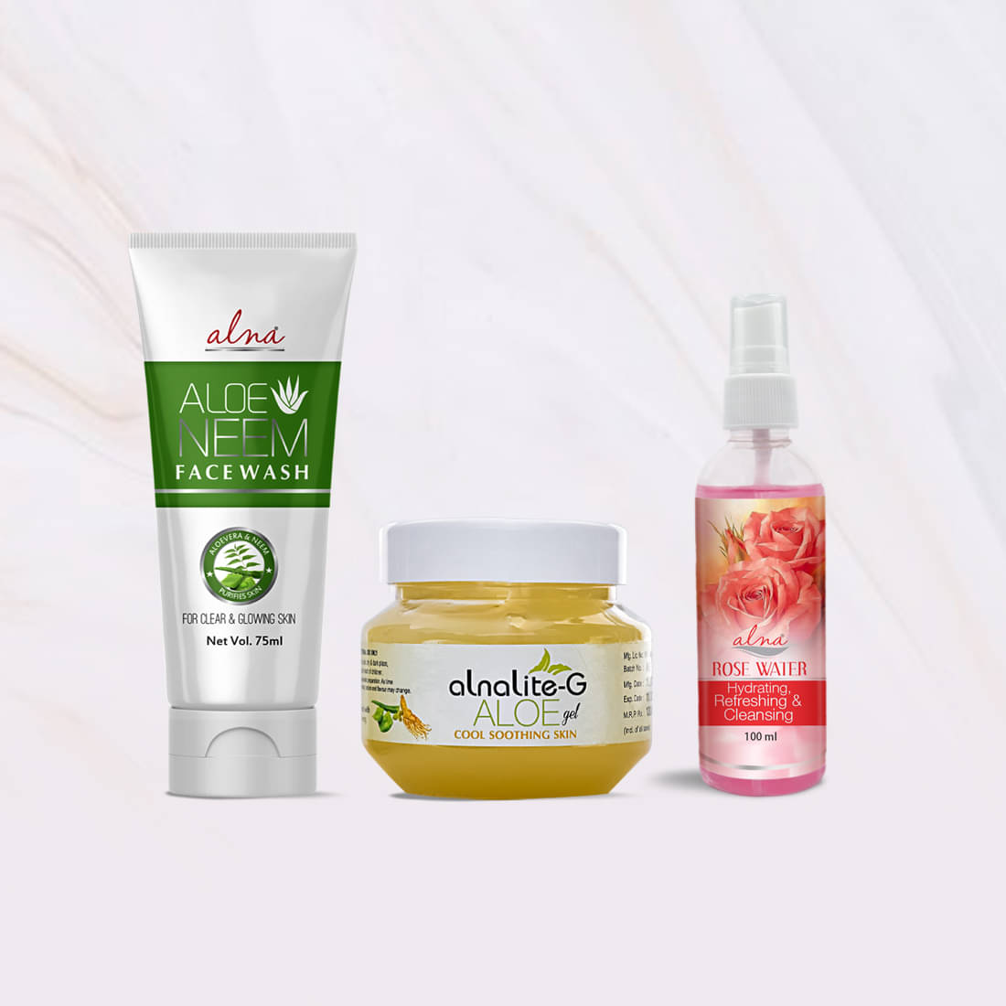     			Alna Aloe Neem Face Wash 75ml with Alnalite-G Aloe Gel 100gm & Rose Water 100ml , Pack of 3