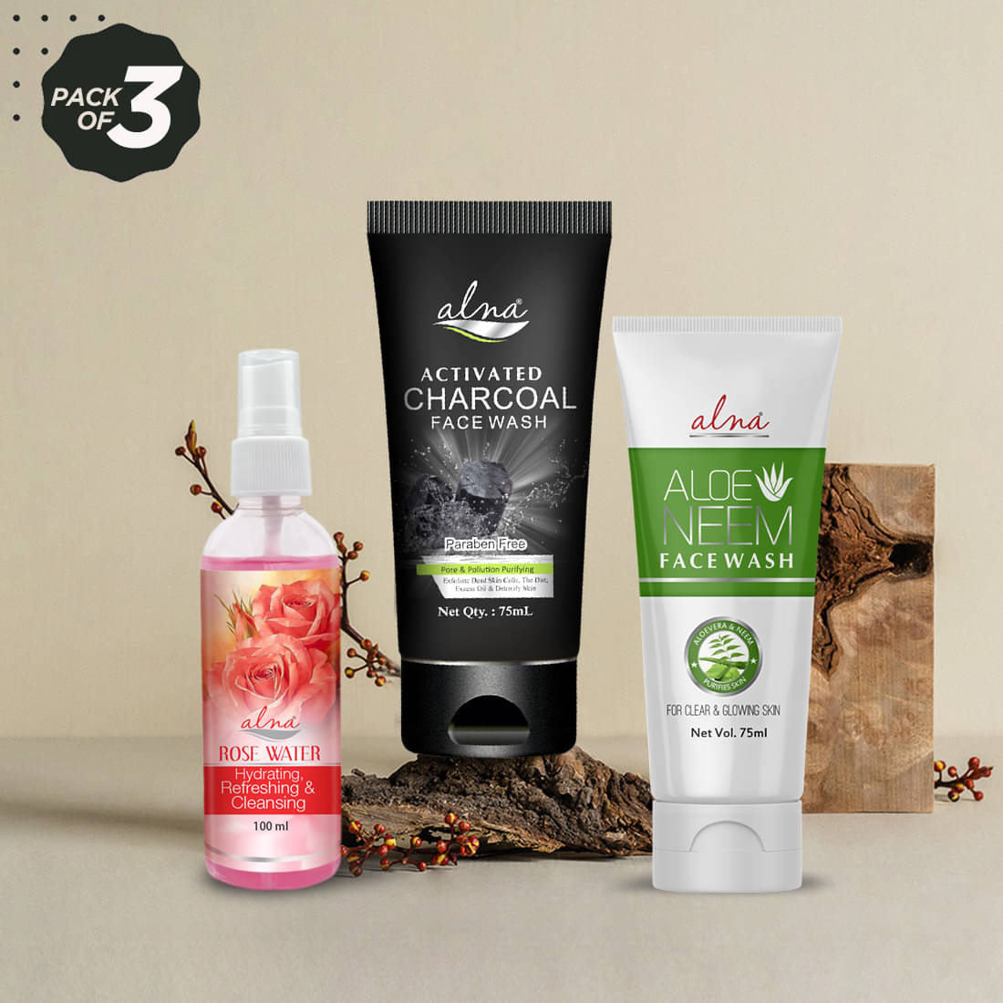     			Alna Rose Water 100ml with Charcoal Face Wash 75ml & Aloe Neem Face Wash 75ml , Pack of 3