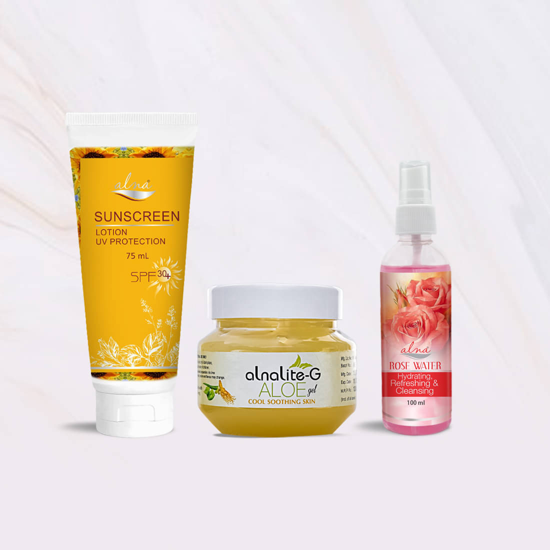     			Alna Sunscreen Lotion SPF 30+ 75ml with Alnalite-G Aloe Gel 100gm & Rose Water 100ml , Pack of 3