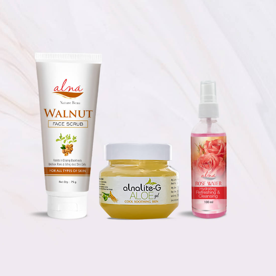     			Alna Walnut Face Scrub 75gm with Alnalite- G Aloe Gel 100gm & Rose Water 100ml , Pack of 3